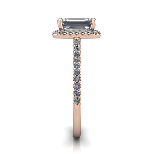 Palmer emerald halo engagement ring in 14K Rose Gold, side profile showing the hidden heart detail and pave band