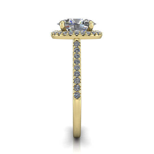 Palmer oval halo engagement ring in 18K Yellow Gold, side profile showing the hidden heart detail and pave band