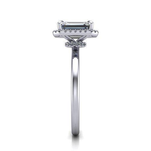 Calista emerald halo engagement ring in Platinum, side profile showing the low-set square halo and polished band