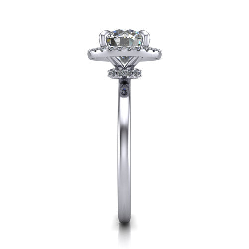 Calista round halo engagement ring in 14K White Gold, side profile showing the low-set square halo and polished band