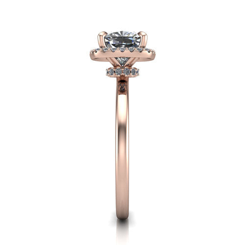 Calista cushion halo engagement ring in 18K Rose Gold, side profile showing the low-set square halo and polished band