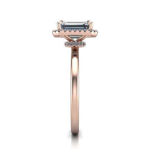 Calista emerald halo engagement ring in 18K Rose Gold, side profile showing the low-set square halo and polished band