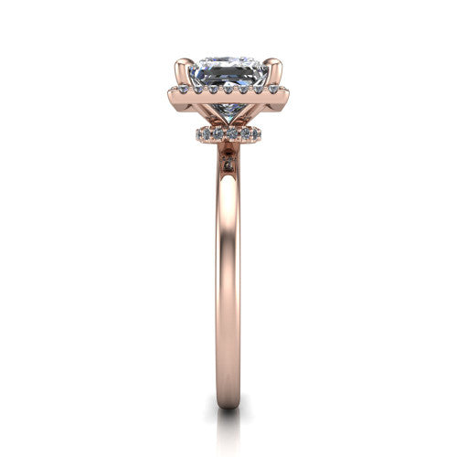 Calista princess halo engagement ring in 14K Rose Gold, side profile showing the low-set square halo and polished band