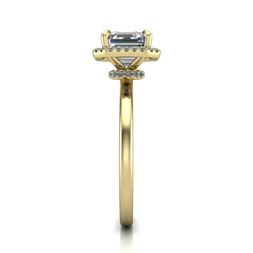Calista square emerald halo engagement ring in 14K Yellow Gold, side profile showing the low-set square halo and polished band