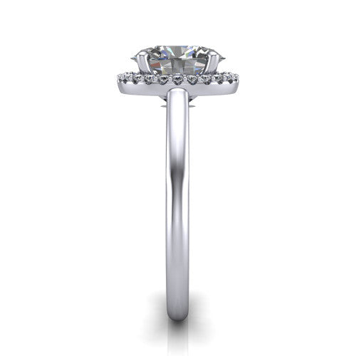 Paige oval halo engagement ring in 18K White Gold, side profile showing the vintage bridge detail and polished band