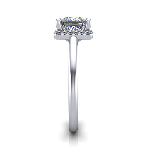 Paige princess halo engagement ring in 18K White Gold, side profile showing the vintage bridge detail and polished band