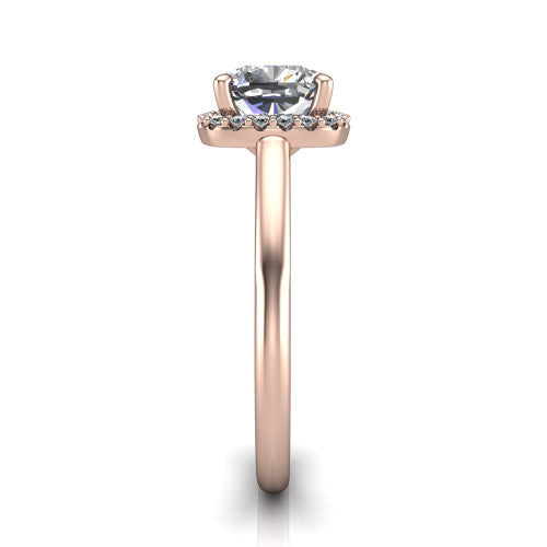 Paige cushion halo engagement ring in 14K Rose Gold, side profile showing the vintage bridge detail and polished band