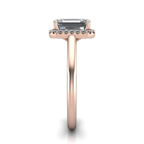 Paige emerald halo engagement ring in 18K Rose Gold, side profile showing the vintage bridge detail and polished band