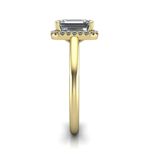 Paige emerald halo engagement ring in 18K Yellow Gold, side profile showing the vintage bridge detail and polished band