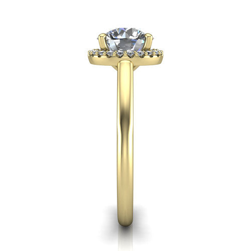 Paige round halo engagement ring in 18K Yellow Gold, side profile showing the vintage bridge detail and polished band