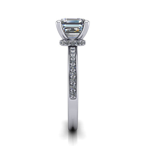 Renata square emerald hidden halo engagement ring in 18K White Gold, side profile showing the hidden pave halo and pave band