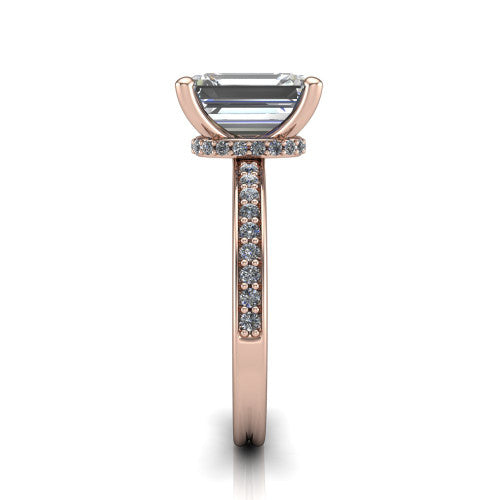 Renata emerald hidden halo engagement ring in 18K Rose Gold, side profile showing the hidden pave halo and pave band