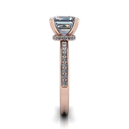 Renata square emerald hidden halo engagement ring in 18K Rose Gold, side profile showing the hidden pave halo and pave band