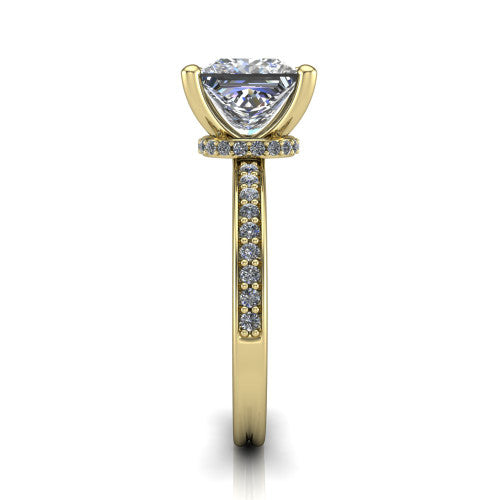 Renata princess hidden halo engagement ring in 14K Yellow Gold, side profile showing the hidden pave halo and pave band
