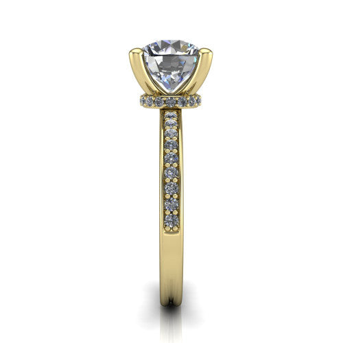 Renata round hidden halo engagement ring in 18K Yellow Gold, side profile showing the hidden pave halo and pave band
