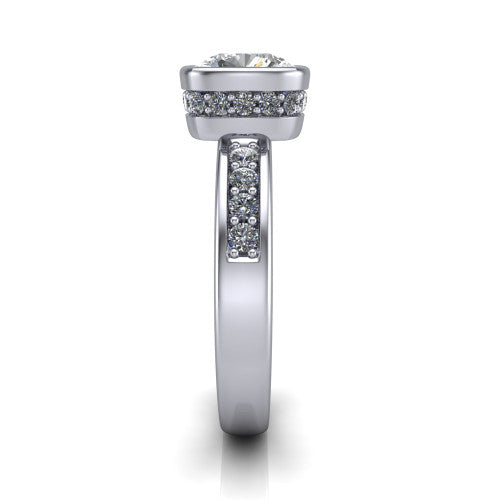 Astrid cushion-cut hidden halo engagement ring in Platinum, side profile showing the hidden halo and pavé band