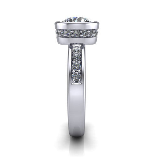 Astrid round hidden halo engagement ring in 14K White Gold, side profile showing the hidden halo and pavé band