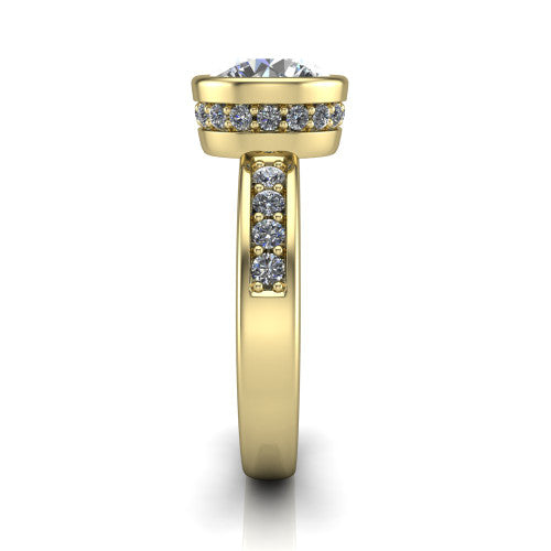 Astrid round hidden halo engagement ring in 14K Yellow Gold, side profile showing the hidden halo and pavé band
