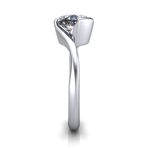 Ophelia cushion-cut bypass engagement ring in Platinum, side profile showing the swirling bypass band