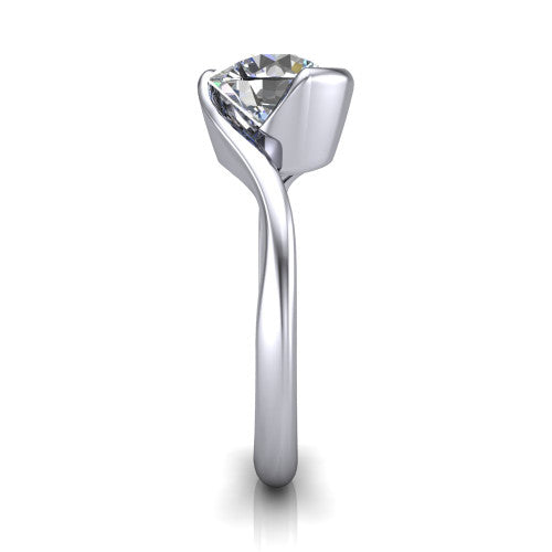 Ophelia round bypass engagement ring in Platinum, side profile showing the swirling bypass band