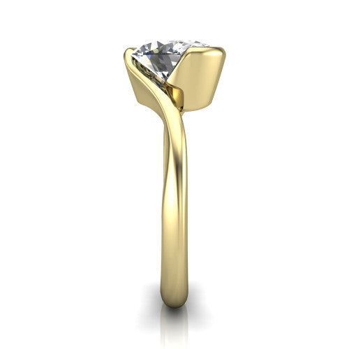 Ophelia oval bypass engagement ring in 18K Yellow Gold, side profile showing the swirling bypass band