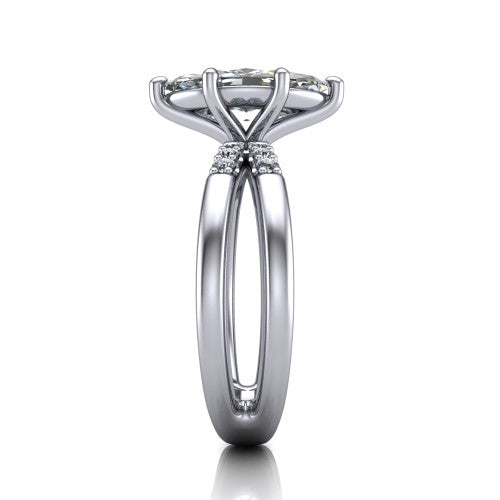 Raven marquise solitaire engagement ring in Platinum, side profile showing the accent diamonds along the dual band