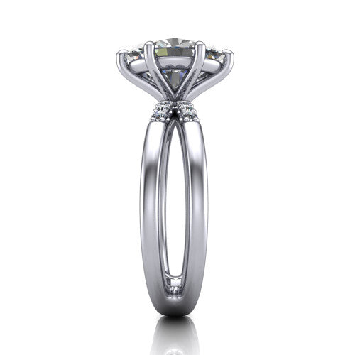 Raven oval solitaire engagement ring in 14K White Gold, side profile showing the accent diamonds along the dual band