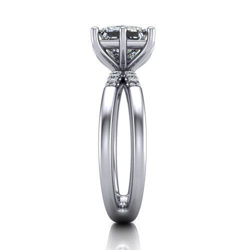 Raven princess solitaire engagement ring in 14K White Gold, side profile showing the accent diamonds along the dual band