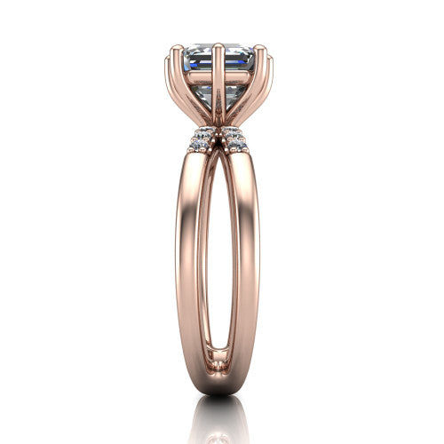Raven square emerald solitaire engagement ring in 14K Rose Gold, side profile showing the accent diamonds along the dual band