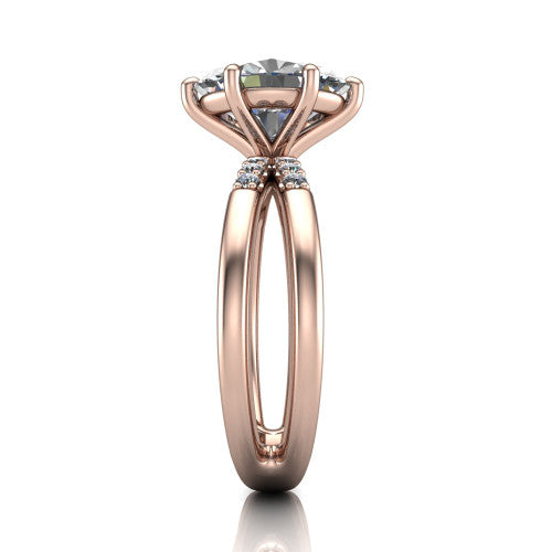 Raven oval solitaire engagement ring in 18K Rose Gold, side profile showing the accent diamonds along the dual band