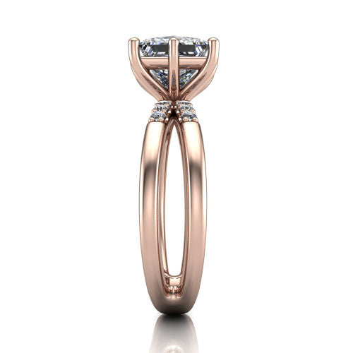 Raven princess solitaire engagement ring in 18K Rose Gold, side profile showing the accent diamonds along the dual band