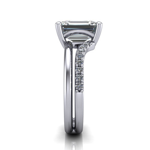 Fiona emerald solitaire engagement ring in Platinum, side profile showing the pave and polished dual-line shank