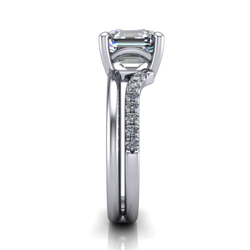 Fiona square emerald solitaire engagement ring in Platinum, side profile showing the pave and polished dual-line shank