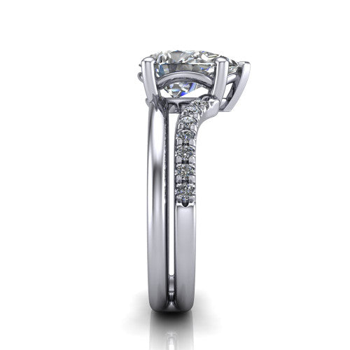 Fiona pear solitaire engagement ring in 14K White Gold, side profile showing the pave and polished dual-line shank