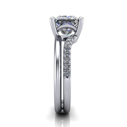 Fiona princess solitaire engagement ring in Platinum, side profile showing the pave and polished dual-line shank