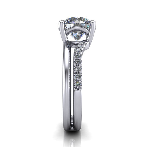Fiona round solitaire engagement ring in 14K White Gold, side profile showing the pave and polished dual-line shank