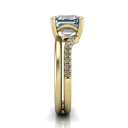Fiona square emerald solitaire engagement ring in 18K Yellow Gold, side profile showing the pave and polished dual-line shank