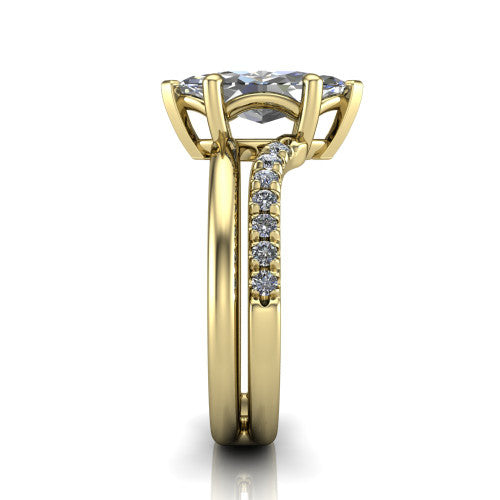 Fiona marquise solitaire engagement ring in 18K Yellow Gold, side profile showing the pave and polished dual-line shank