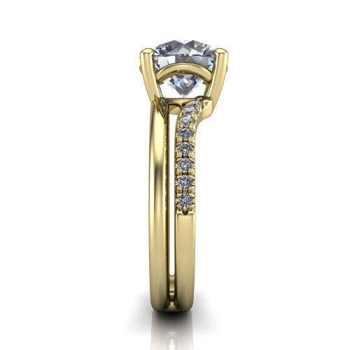 Fiona round solitaire engagement ring in 14K Yellow Gold, side profile showing the pave and polished dual-line shank