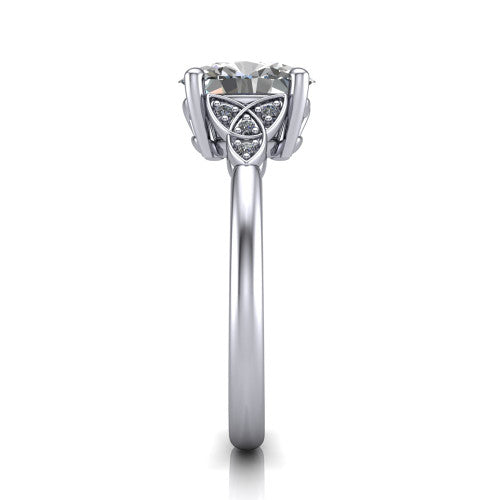 Lilith oval solitaire engagement ring in 14K White Gold, side profile showing the Celtic trinity knot accent and polished band