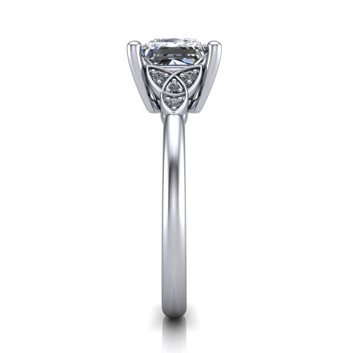 Lilith princess solitaire engagement ring in 18K White Gold, side profile showing the Celtic trinity knot accent and polished band