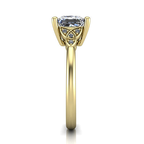 Lilith princess solitaire engagement ring in 18K Yellow Gold, side profile showing the Celtic trinity knot accent and polished band