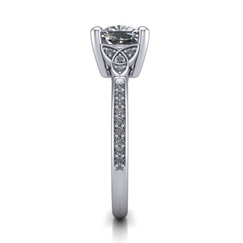 Samara cushion-cut Celtic engagement ring in 14K White Gold, side profile showing the Celtic knot shoulder and pavé band