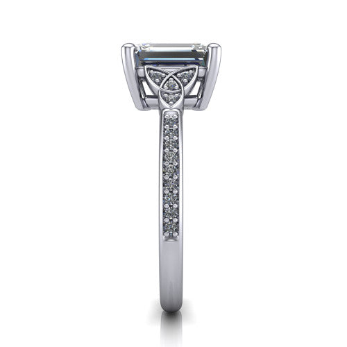 Samara emerald-cut Celtic engagement ring in Platinum, side profile showing the Celtic knot shoulder and pavé band