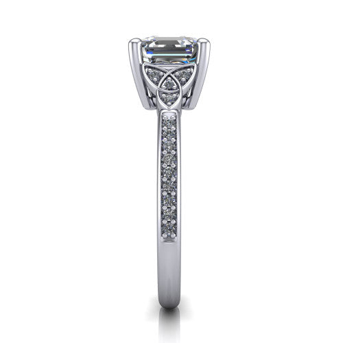Samara square emerald-cut Celtic engagement ring in Platinum, side profile showing the Celtic knot shoulder and pavé band