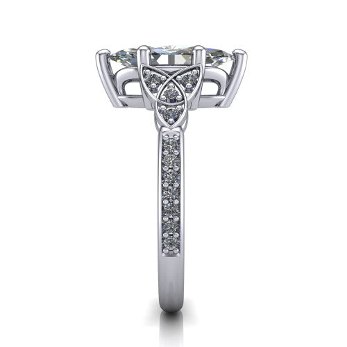 Samara marquise-cut Celtic engagement ring in Platinum, side profile showing the Celtic knot shoulder and pavé band