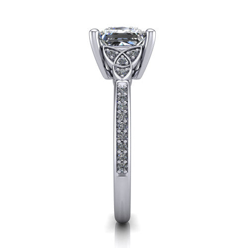 Samara princess-cut Celtic engagement ring in 14K White Gold, side profile showing the Celtic knot shoulder and pavé band