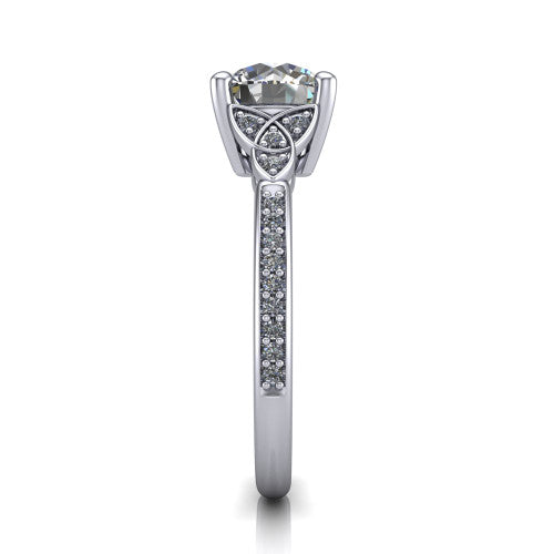Samara round Celtic engagement ring in 18K White Gold, side profile showing the Celtic knot shoulder and pavé band
