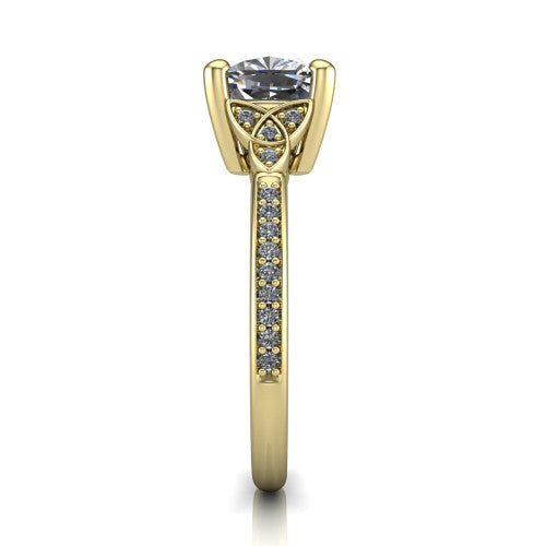 Samara cushion-cut Celtic engagement ring in 18K Yellow Gold, side profile showing the Celtic knot shoulder and pavé band