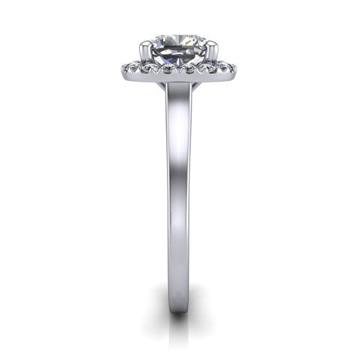 Helen cushion-cut halo engagement ring in 18K White Gold, side profile showing the pavé halo, under-gallery, and polished band